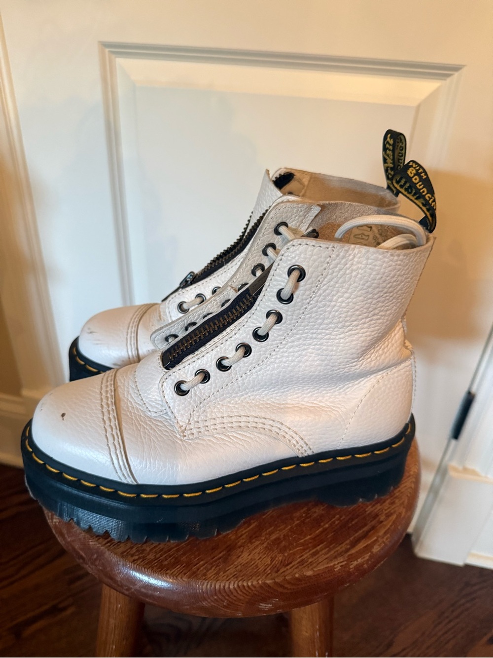 Dr. Martens White Pebbled Leather Zip-Up Platform Boots